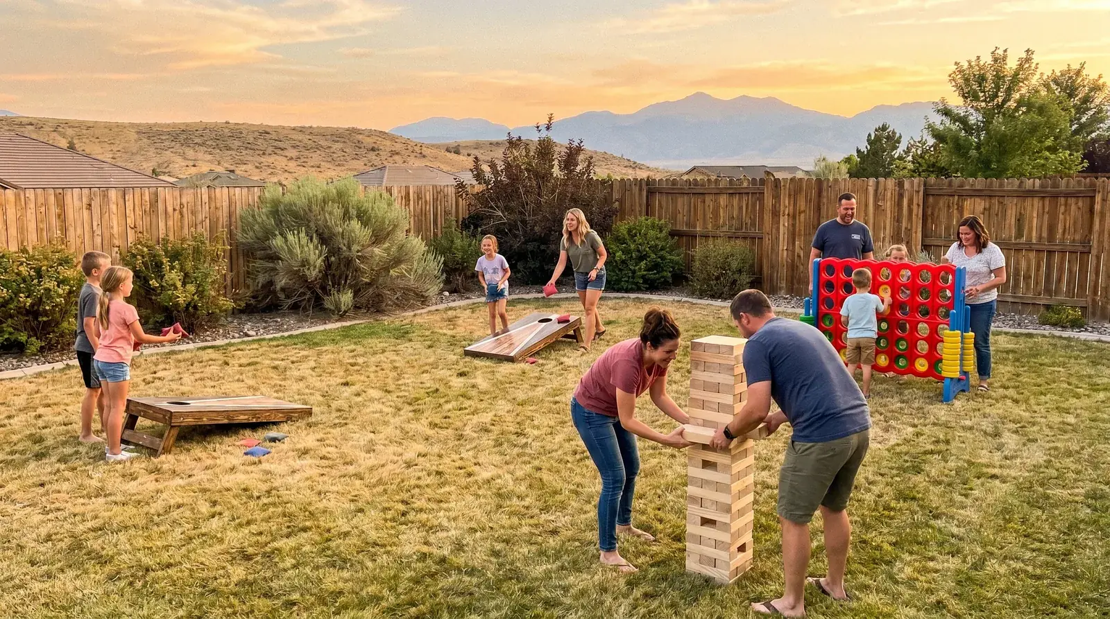 Kids playing giant yard games at a hosted backyard birthday party in the High Desert