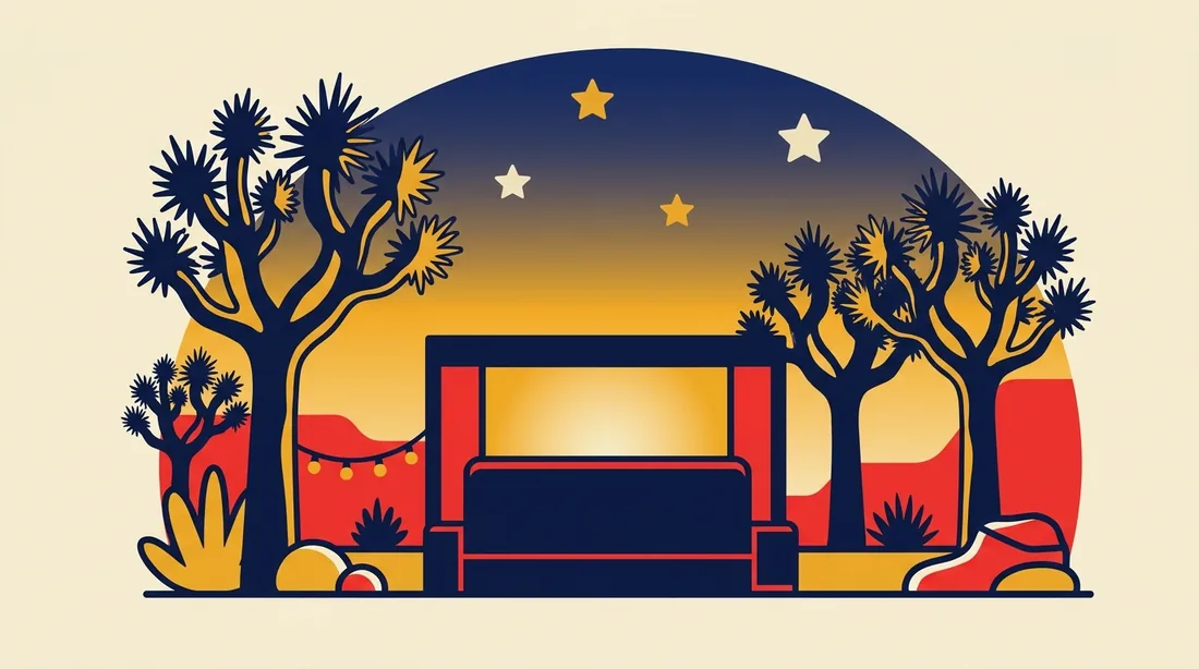 A High Desert backyard at sunset turning to a starry night with a glowing movie screen