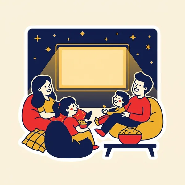 A family watching a movie on the big screen in their backyard at night
